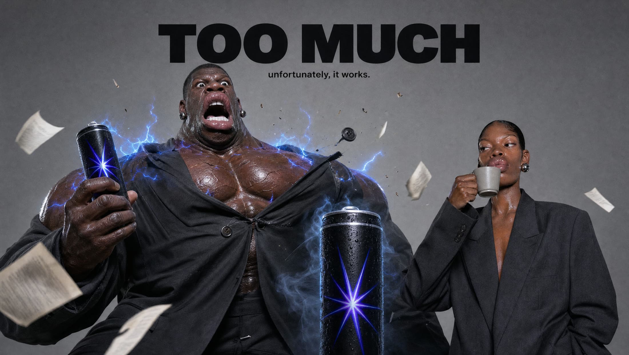 TOO MUCH energy drink campaign hero.