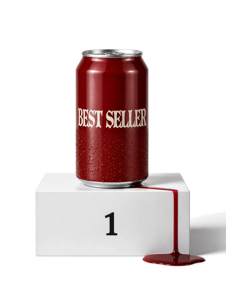 A can labelled BEST SELLER on a number-one podium, leaking from the base