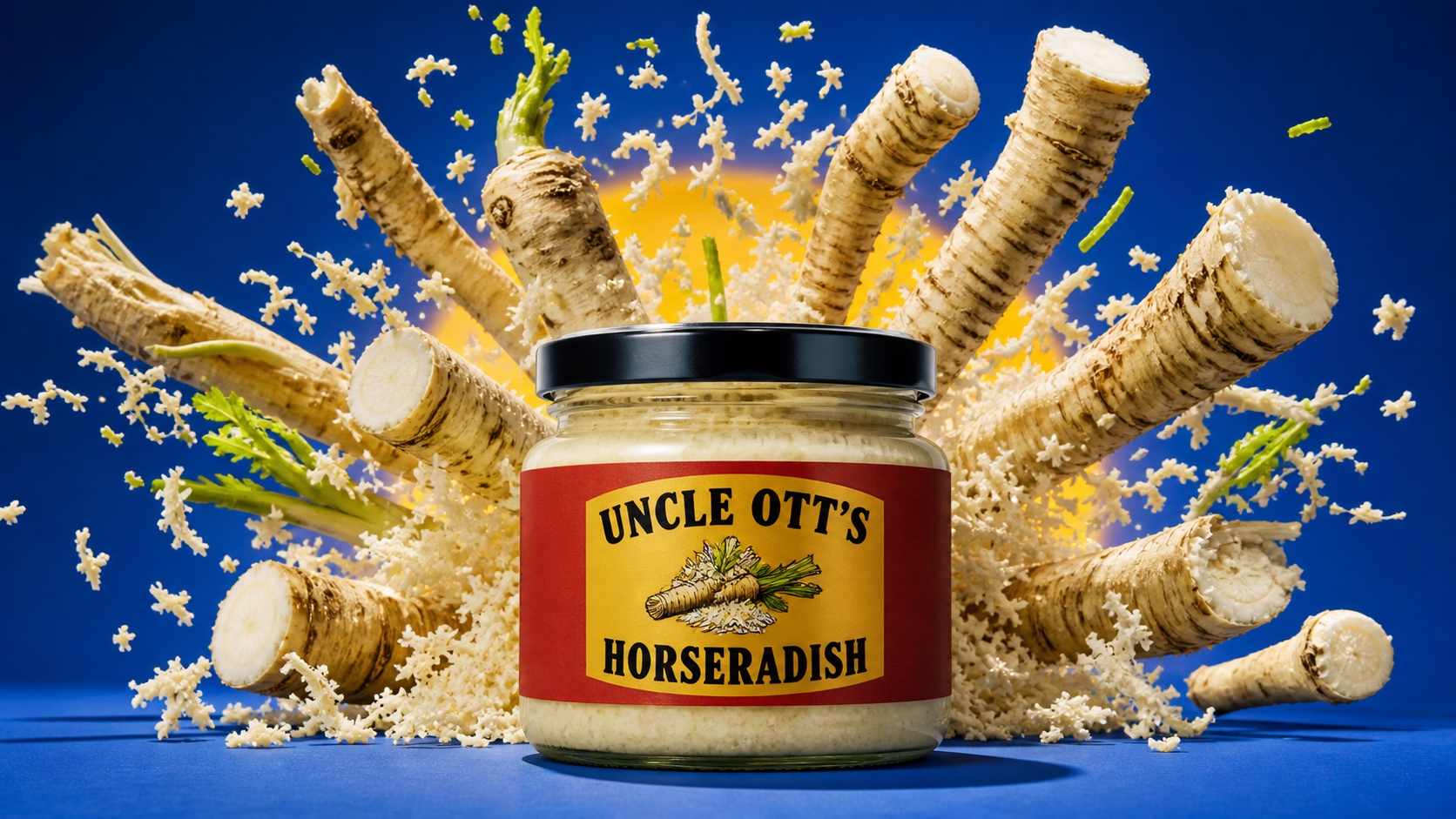 A jar of Uncle Ott&rsquo;s Horseradish surrounded by horseradish roots and shavings, photographed in the style of a food brand&rsquo;s own advertising.